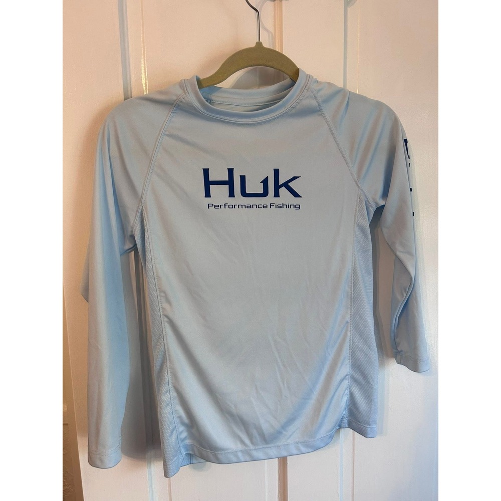 Huk Performance Fishing Shirt Kids Youth Medium Light Blue Long Sleeve Tee